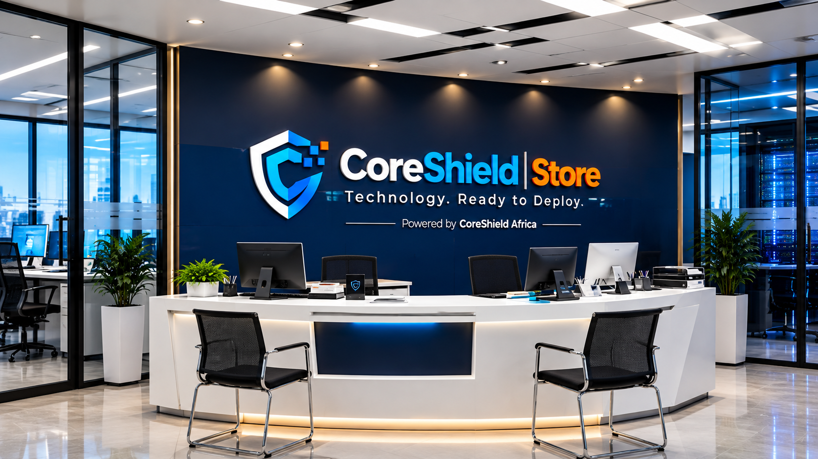 CoreShield Store reception with branded wall and technology workspace